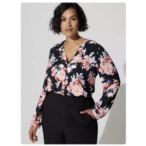 Torrid Black Pink Floral Crepe‎ De Chine Button Up Long Sleeve Blouse Size 4X